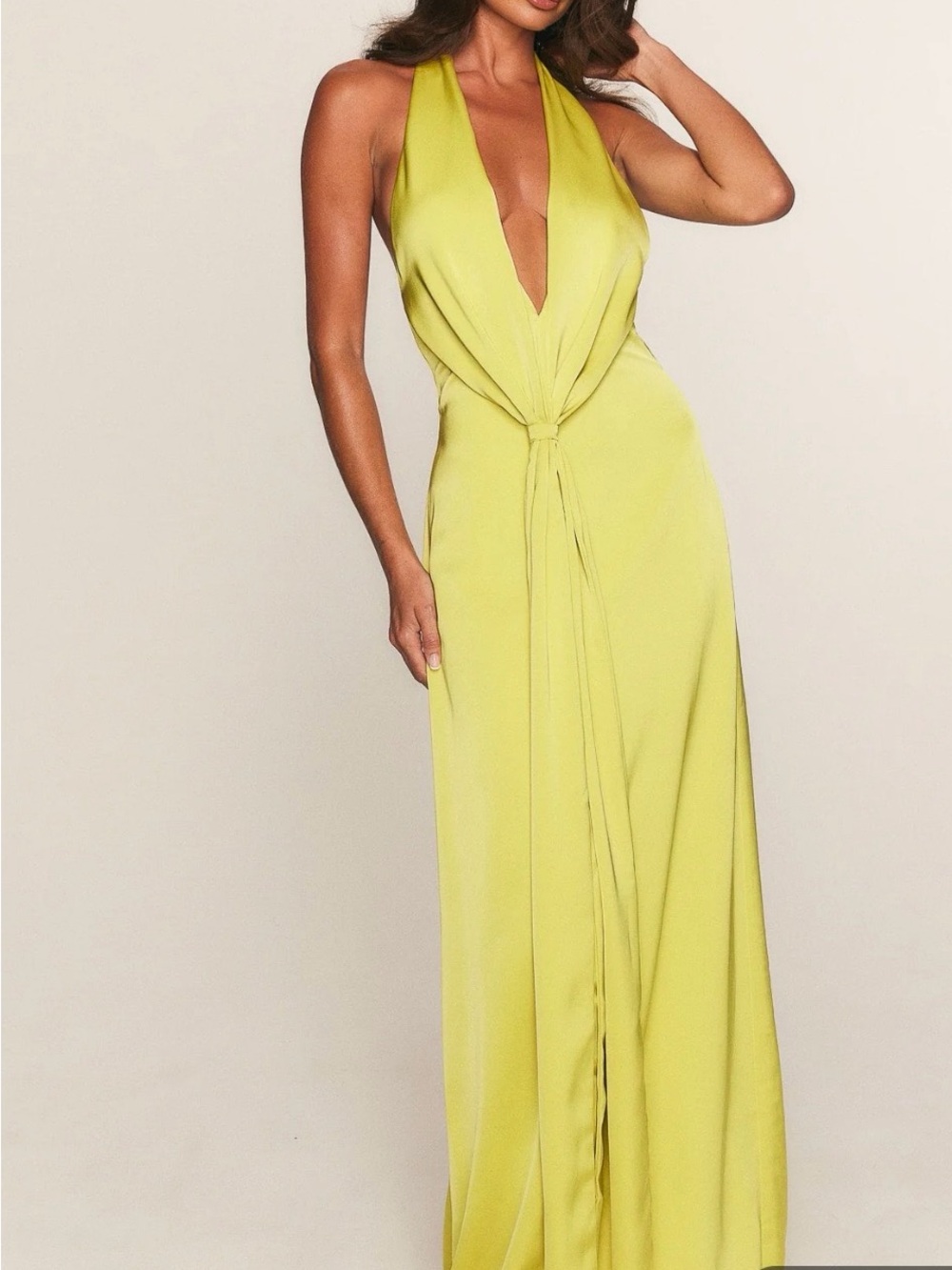 White Fox Boutique Chartreuse Plunge Halter Tie-Front Maxi Dress